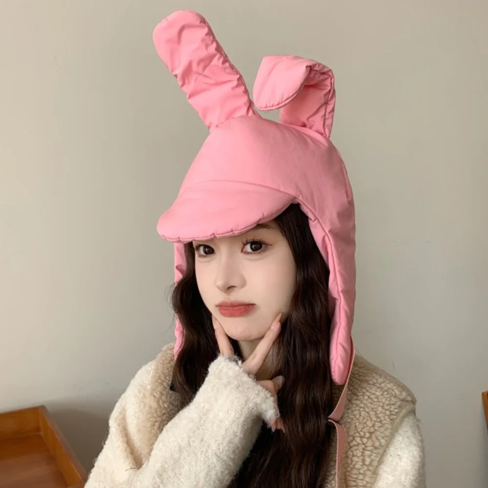 Cute Windproof Rabbit Ear Padded Hat Adjustable Solid Color Pilot Hat Thickened Keep Warm Ear Protection Hat Ski