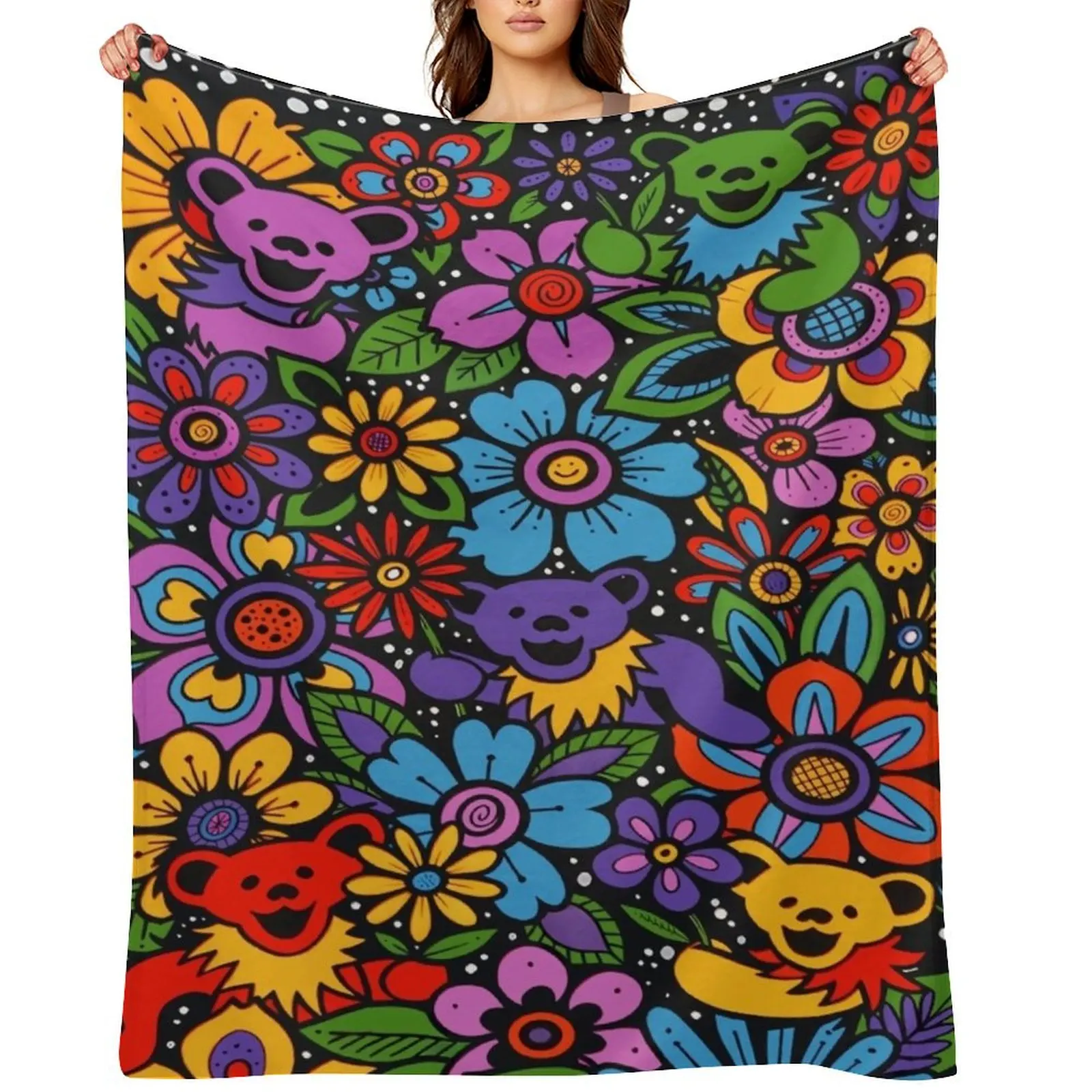 Psychedelic Flowers & Dancing Bears Coloured Grateful Rainbow Colours Throw Blanket Flannels Large Tourist Blankets