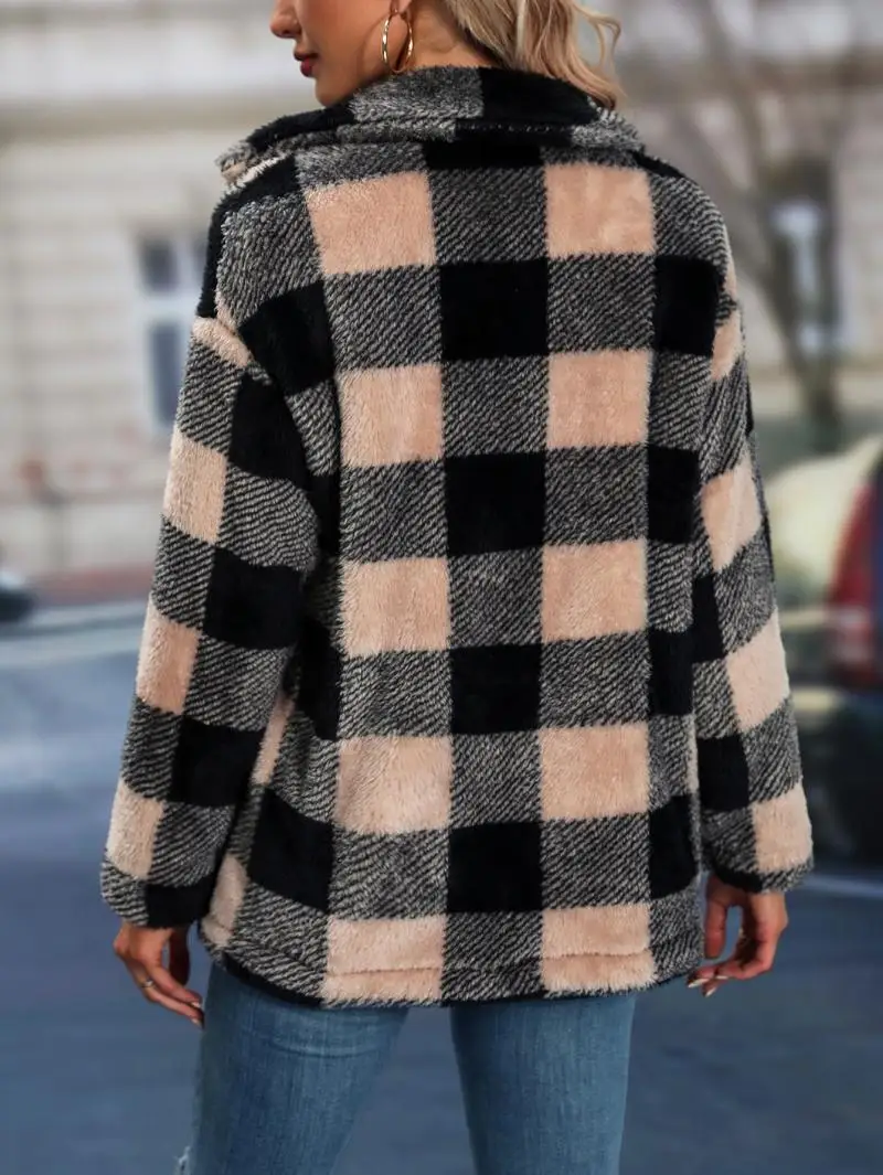 Vintage Jacket for Women Coat Winter Outerwear Button Chequer Streetwear Fashion Pocketed Outfit Korean Autumn Female Clothes