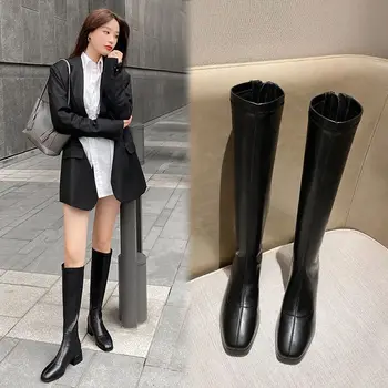 Promotion knee thigh high shoes for women black Trend warm brown long boots women winter 2024 warm leather elastic autumn flat