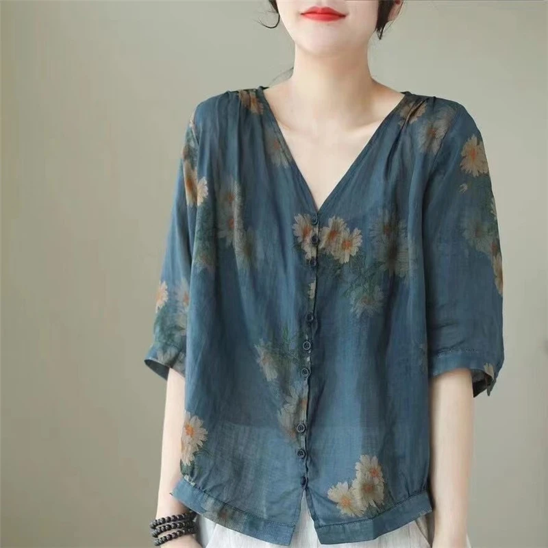 Womens Vintage Floral Print Button Up Shirt Summer Stylish Casual V Neck Blouse Half Sleeve Loose Tops Blusas Mujer De Moda 2023