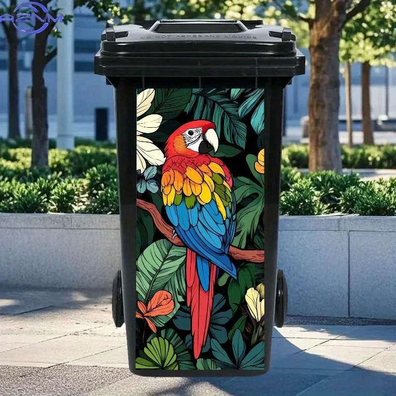 1 vibrant macaw jungle design trash can sticker, 14.57 x 32.28 inches - used for trash cans, walls, kitchen decor