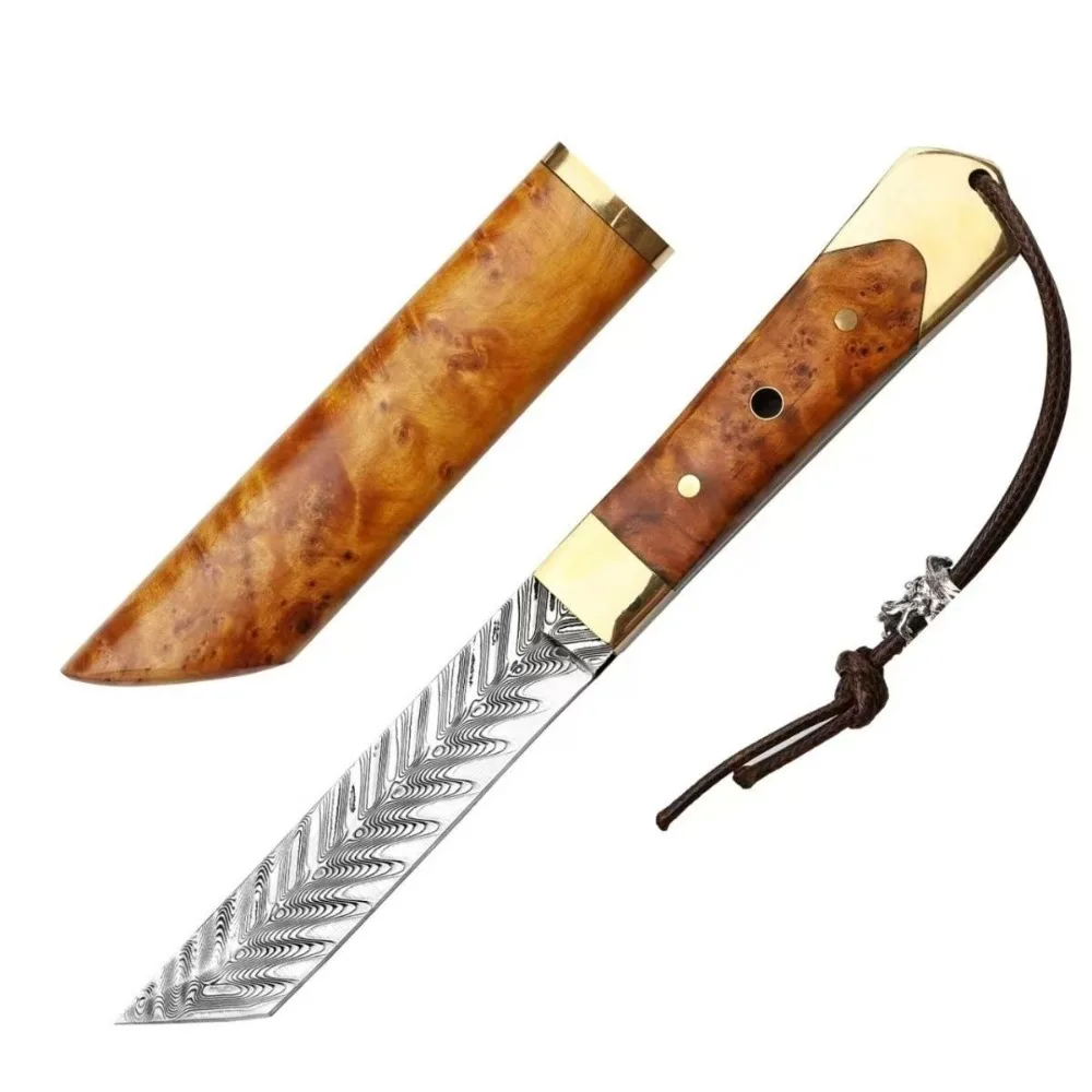 

Outdoor Damascus Steel Textured Fruit Small Straight Fixed Blade Knife Sleeve Sharp Pocket Cutting Kitchen Fruit Knife Tool