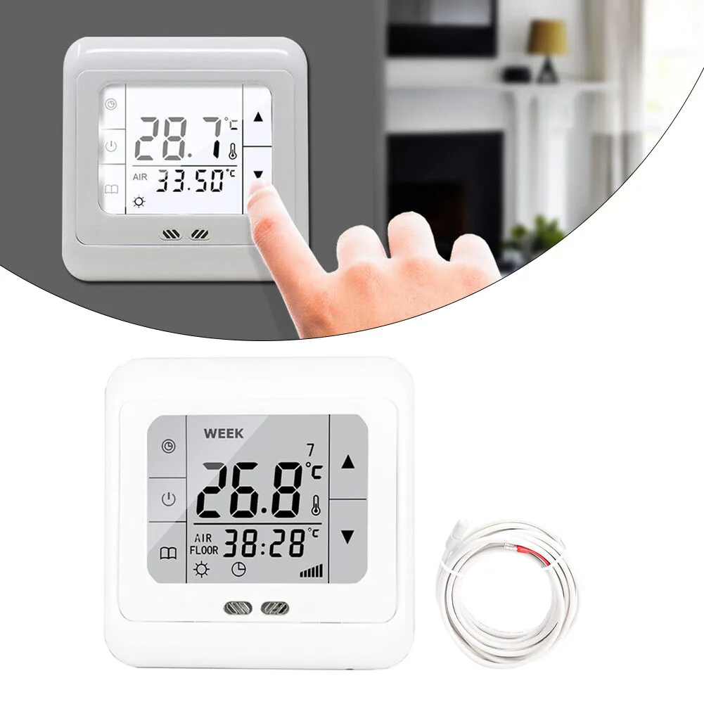 1pc Thermostat Touchscreen Underfloor Heating Room Temperature Controller Floor Sensor Digital Display Smart Home