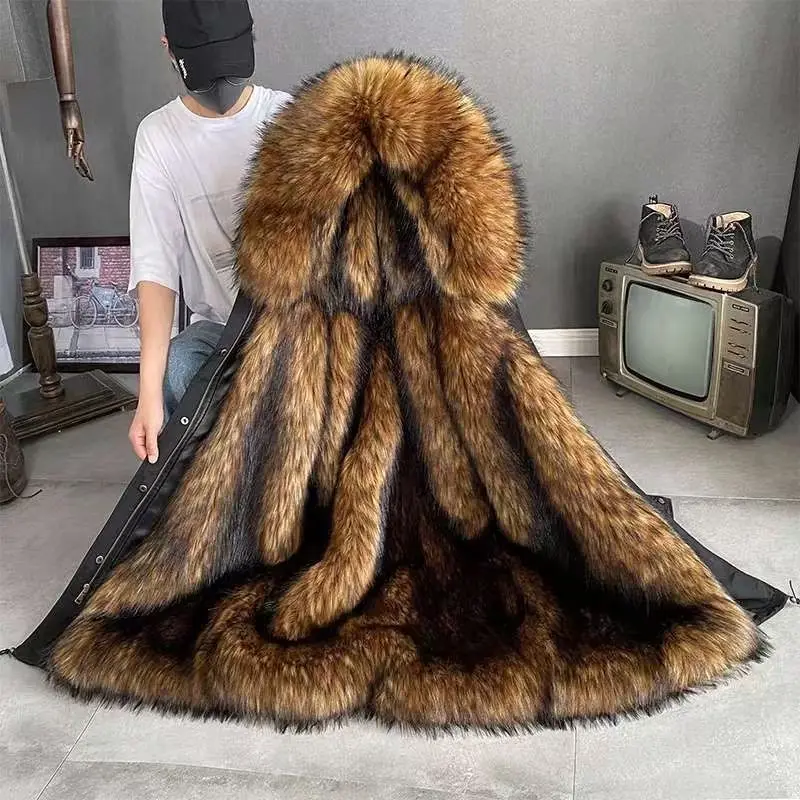 Winter Men Parka Warm Coat Men Wool Liner Jacket Long Hooded Jacket High Quality Raccoon Fur Collar