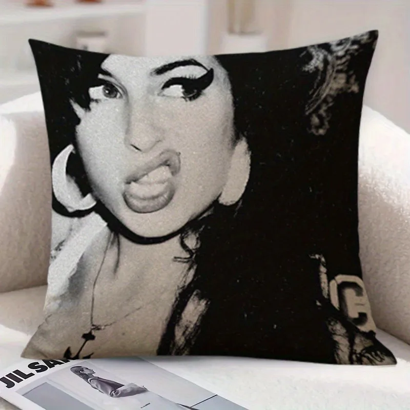 1pc Amy Winehouse Throw Pillow Cover Polyester 2D Double‑Sided Print Retro Singer Portrait Cushion Case for Sofa Living Room Fan