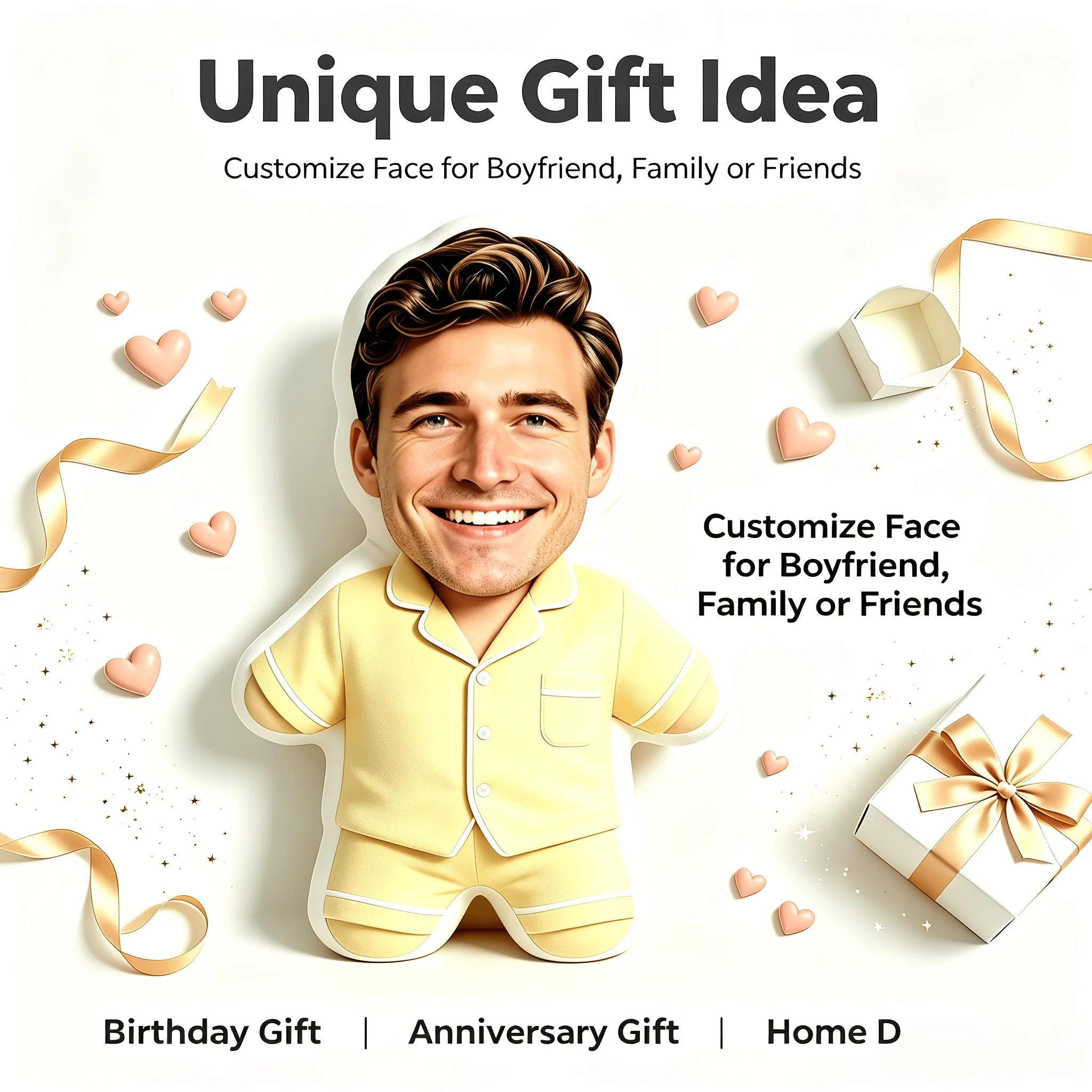 Custom Photo Face Pillow Yellow Clothes DIY Human Shape Toy Real Person Cushion Gift Boyfriend Bestie Birthday Anniversary Decor