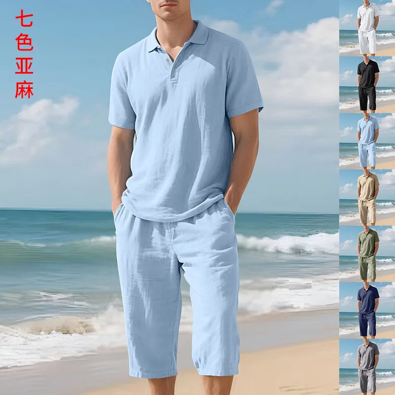 

European and American Men's Summer Suits Loose Casual Linen Breathable POLOShirt Short-Sleeved Cropped Pants Suit Beach Vacation