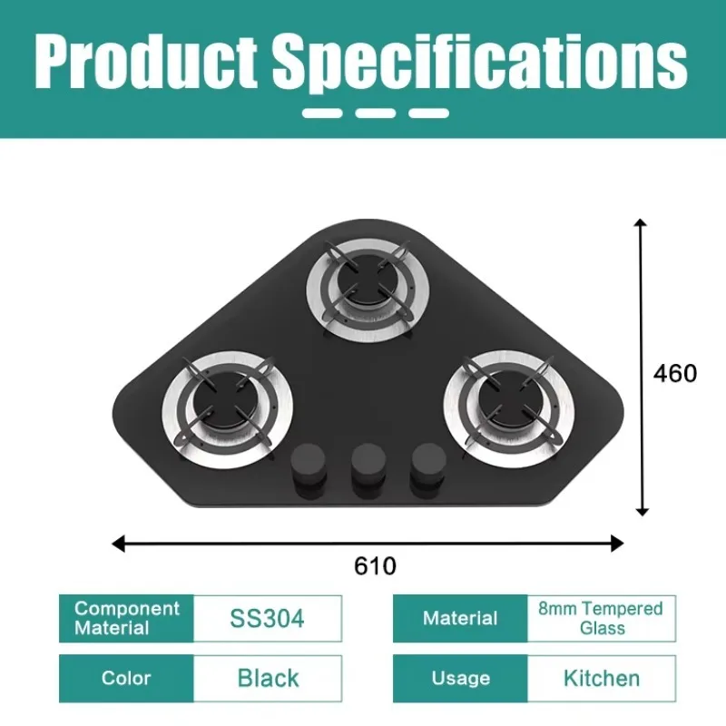 JDA Triple Burner Triangular RV Gas Stove 8mm Tempered Glass 61*46cm Built-in Camper Cooktop For RV Kitchen Caravan Mobile Home