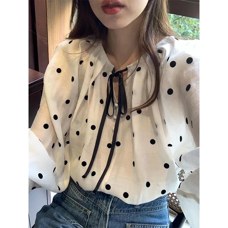 

Femme Spring Fashion Trend Polka Dot Solid Color O-neck Chiffon Women Shirts All-match Fashionable Drawstring Puff Sleeve Top Te