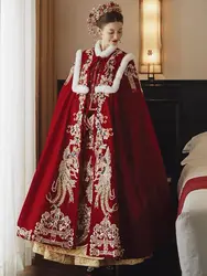 Chinese tradition Velvet Xiuhe embroidery Clothing Cloak Bridal Wedding Shawl Warm Cloak Chinese Wedding Coat long red Cloak