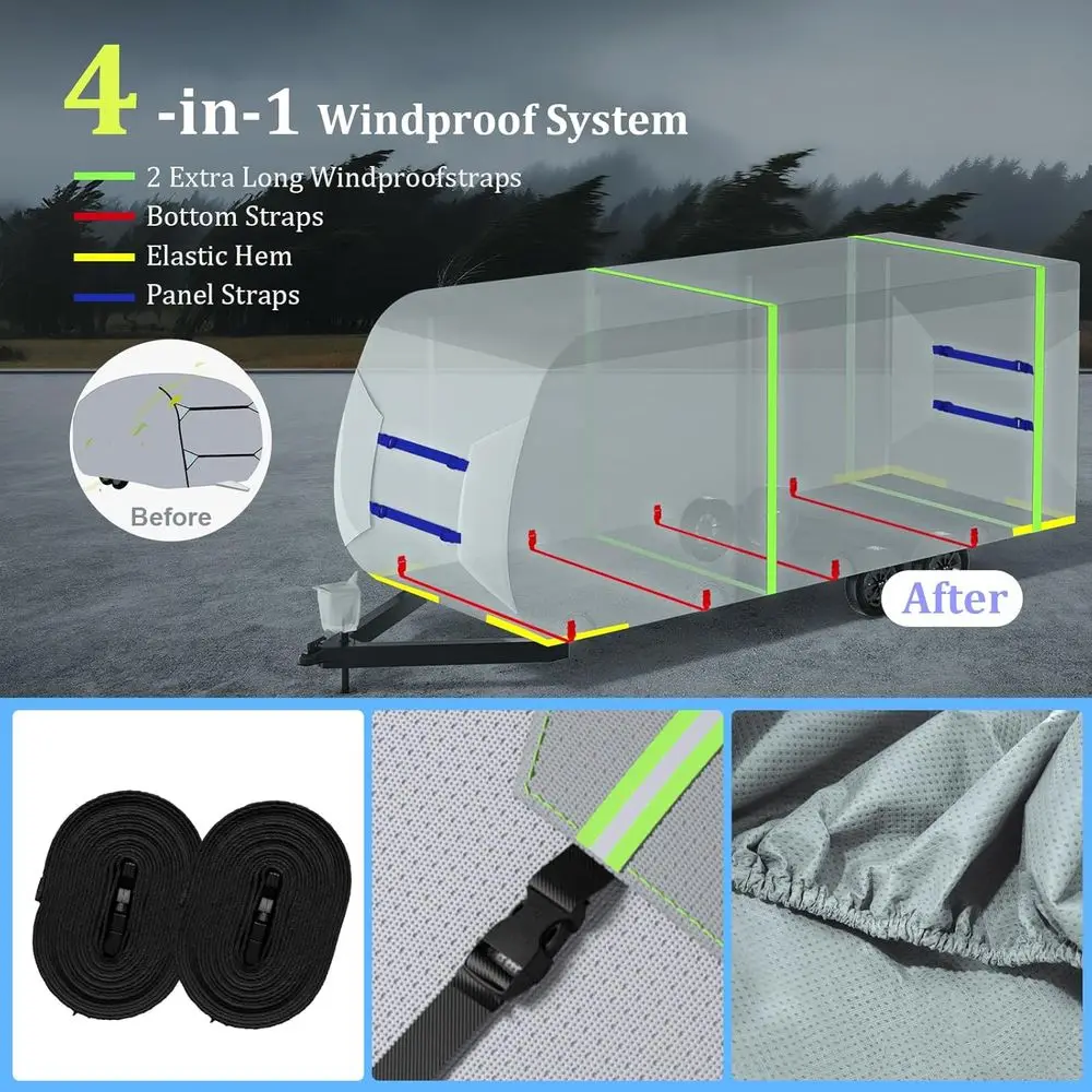 Travel Trailer Cover fits for 24' - 27' RV, with Upgrade Waterproof Zipper Flap & Zipper Storage Bag, Superior Windproof & Sun-P
