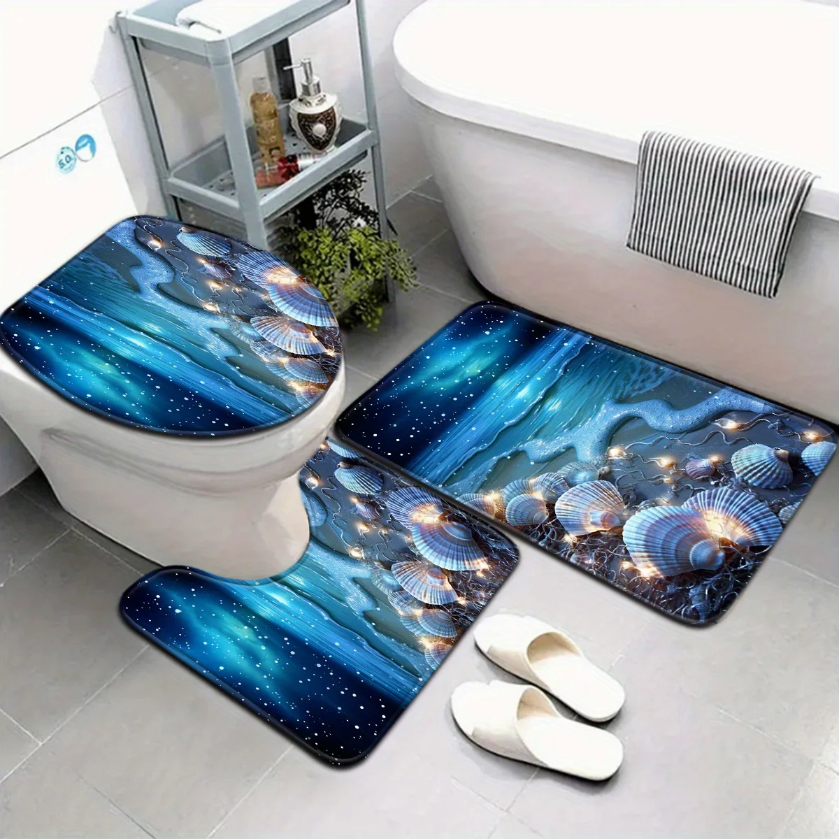 

Waterproof Ocean Wave Cosmic Bathroom Mat Set 3 Piece Home Decor Bath Rug and Slippers Luxury Starry Night Shower Mat