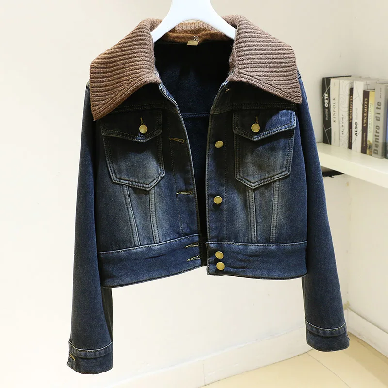 

Winter Thick Knitted Splicing Turndown Collar Velvet Liner Denim Jacket Women Loose Cowboy Outwear Dark Blue Jeans Jacket Female