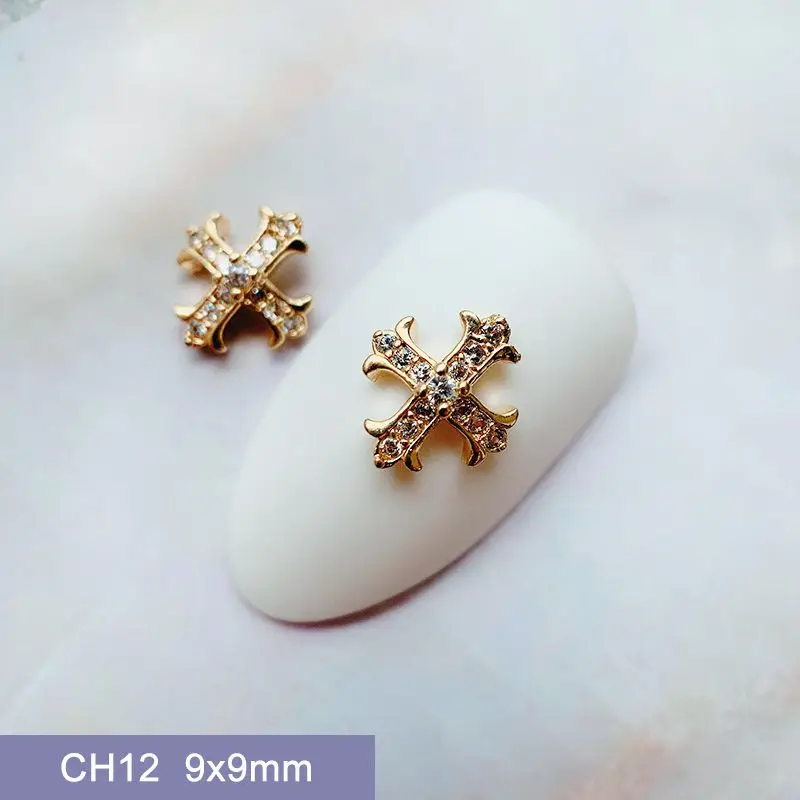 10pcs/lot Luxury Pink Cross Crucifix Flower Nail Art Parts Zircon Crystal Manicure Nails Accesorios Supplies Decorations Charms