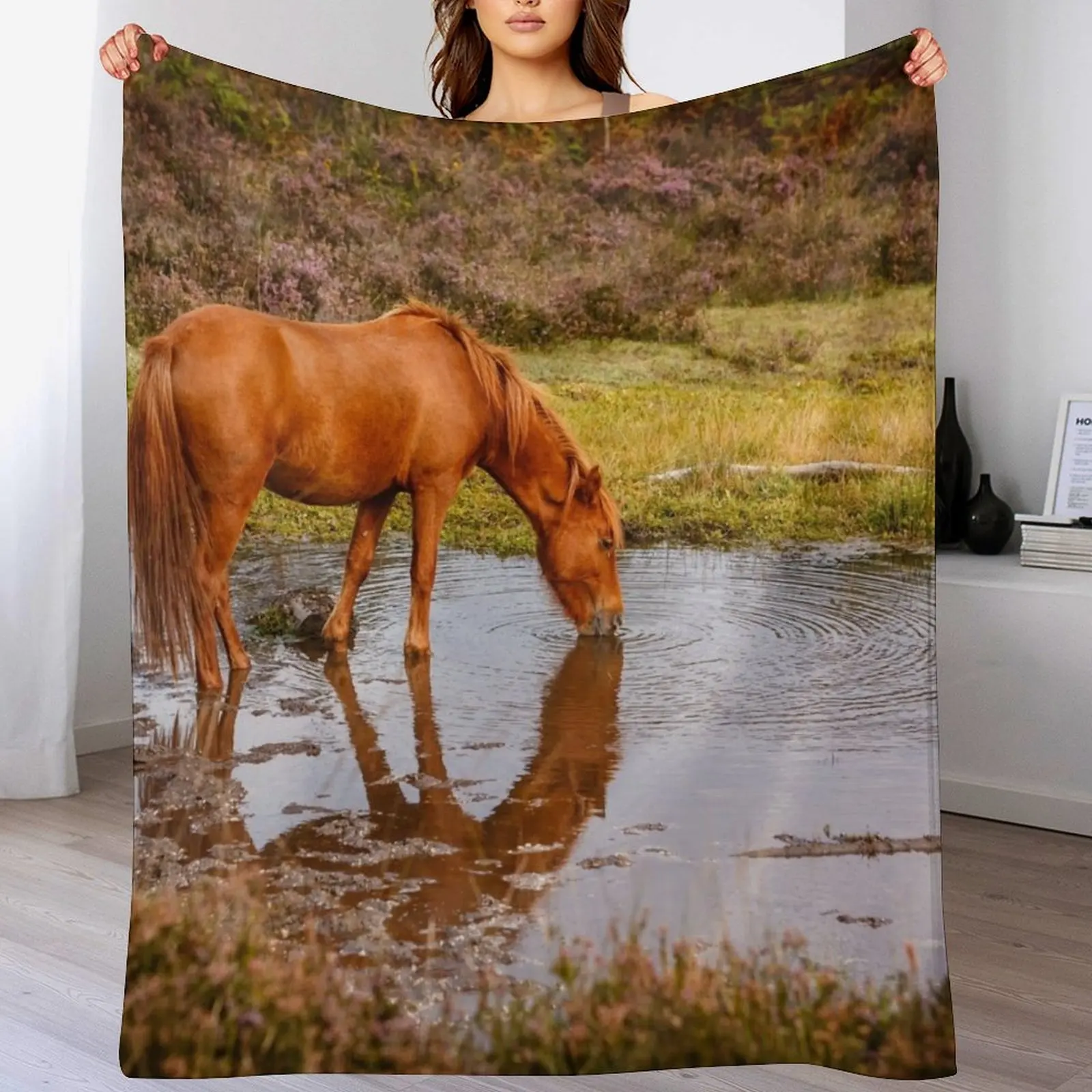 New Forest pony at waterhole with reflection Throw Blanket valentine gift ideas Weighted Summer funny gift Blankets