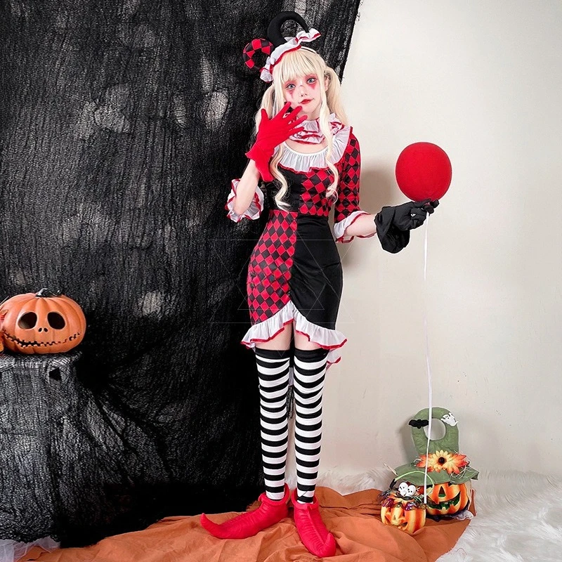 2025 halloween adulto palhaço terno circo poker cosplay traje masquerade bola palco festa traje boate meados de manga vestido conjunto