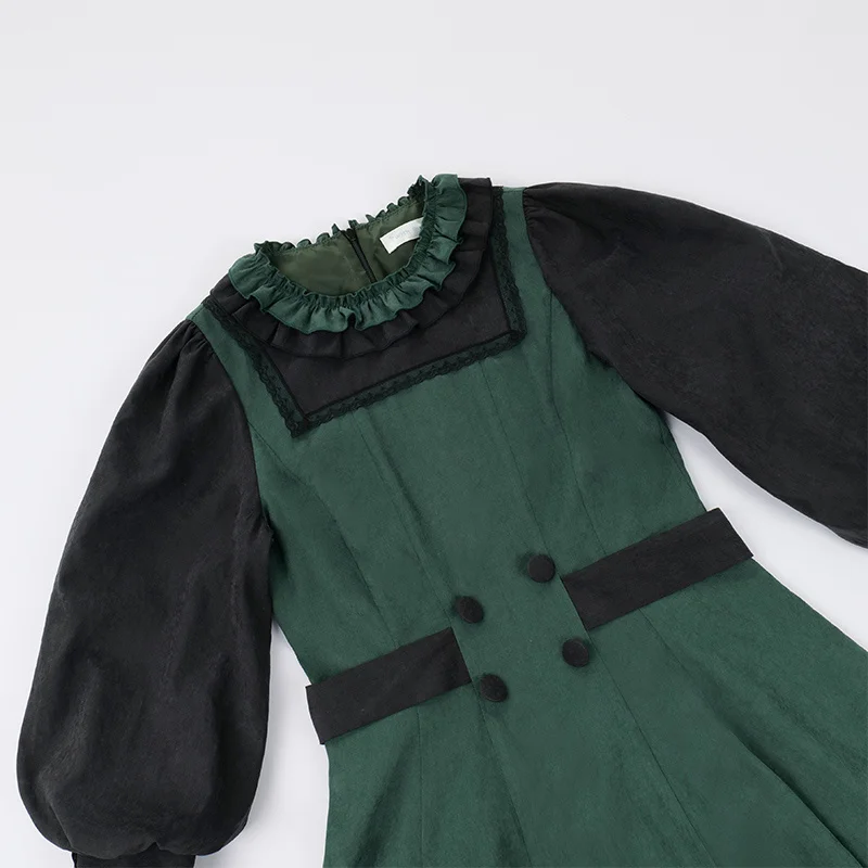 Black Green Contrasting OP Dress Cape 2-piece College Autumn Lolita Dress With Bow Tie