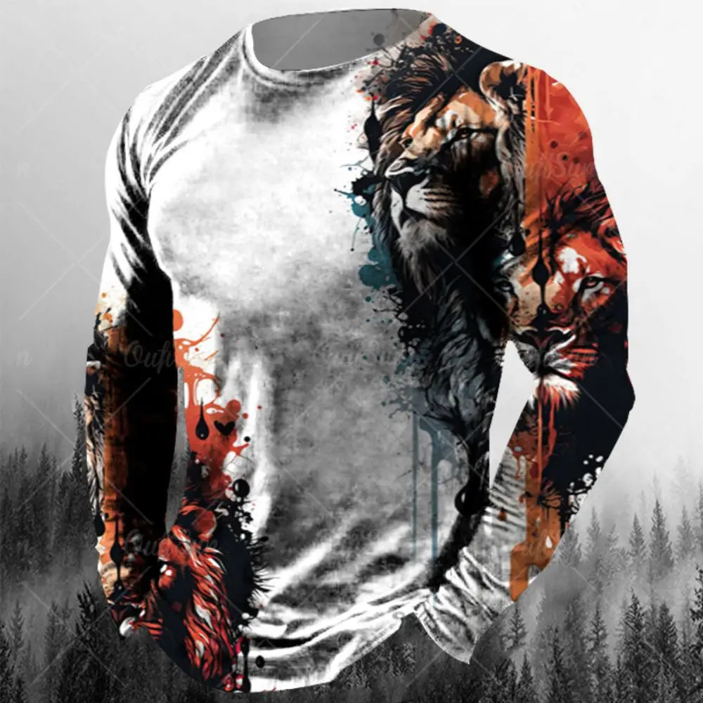 

Vintage Cotton Animal T Shirt For Mens Fall Clothing Lion Graphic Apparel Streetwear Oversized Long Sleeve Tops Male Shirt Tees