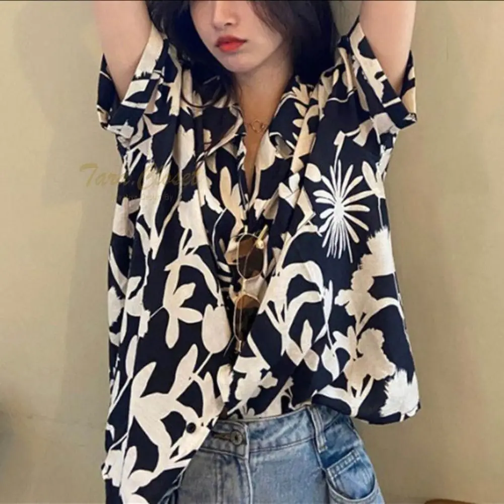 Vacation Flower Blouse Elegant Button Up Spring Summer Blusas Tops Turn-down Collar Half Sleeve Shirt Travel