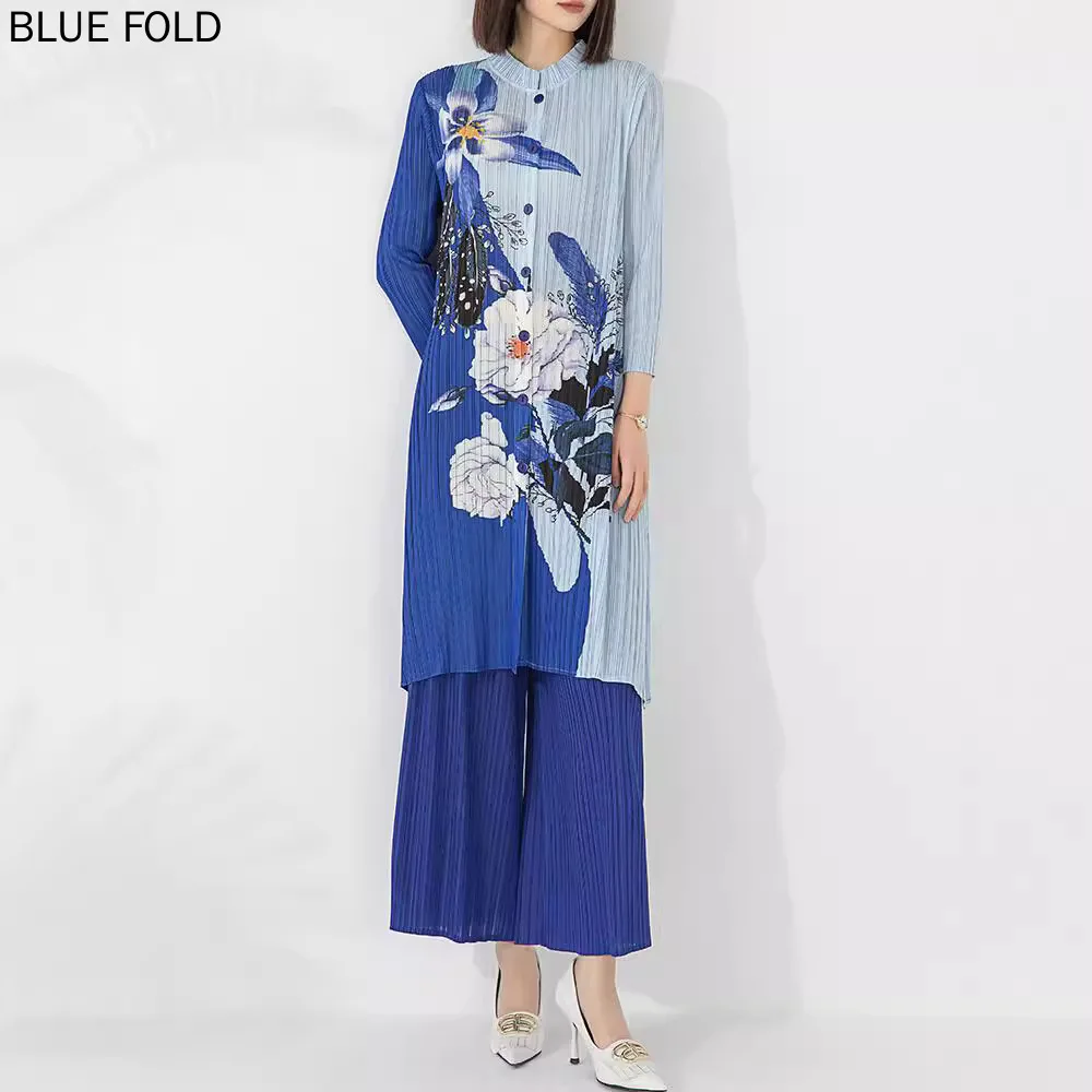 

MIYAKE Fashion Pleated Suit Autumn New Style Printed Stand Collar Button-down Top Women High Waist Wide Leg Pants Two-piece Set