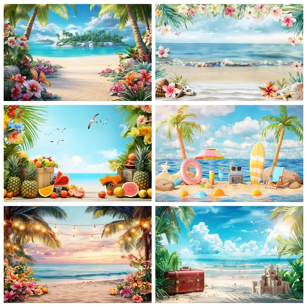 

Summer Beach Party Decor Holiday Backdrop Blue Sky Hawaiian Ocean Palm Trees Outdoor Wedding Birthday Photography Background