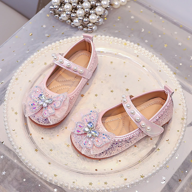 Girls Mary Jane Flat Shoes, Glitter Princess Dress Shoes Ruffle Bow Rhinestone Ornament, Pearl Strap Wedding Birthday Party