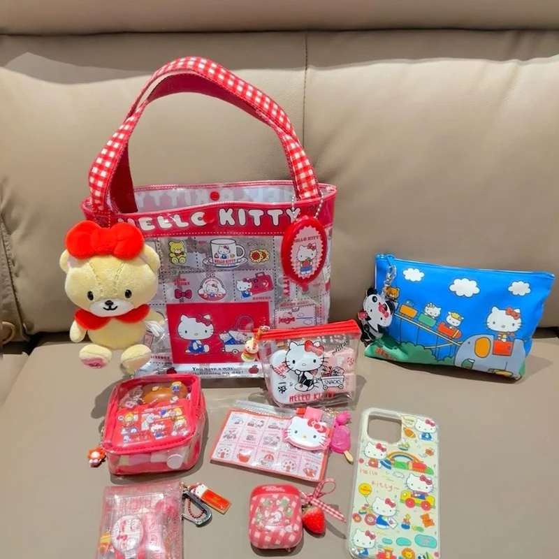 Anima Kawaii Miniso Sanrio Hello Kitty Large Capacity Handbag Cute Toys Cartoon Waterproof Portable Shopping Bag Girls Gifts