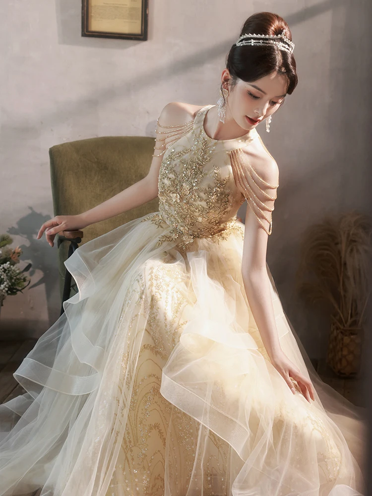 

Champagne evening dress female banquet temperament winter high sense light luxury niche