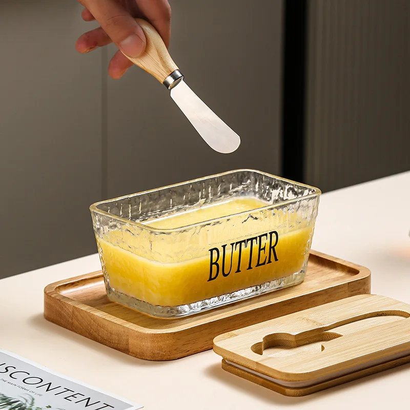 

1 set of glass butter dish with sealing ring and wooden lid,knife,suitable for butter storage,snack and cookie,cheese storage