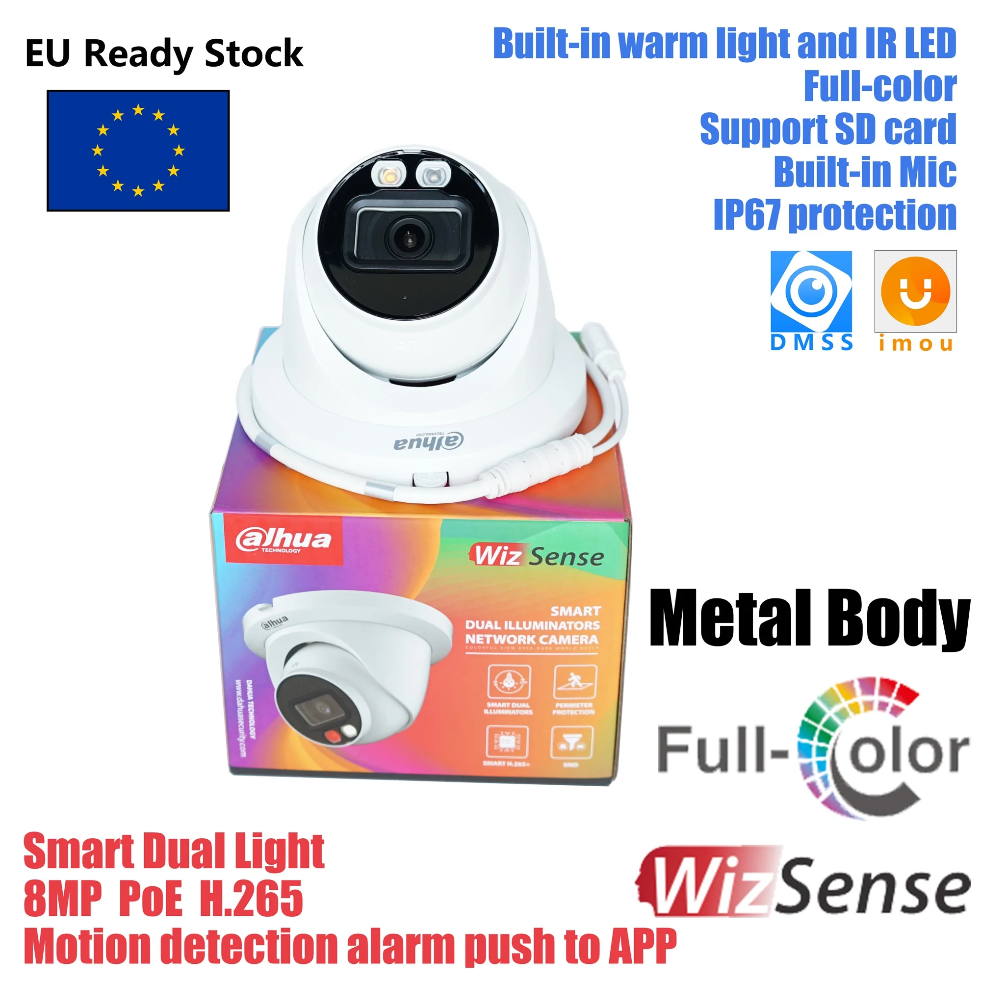Dahua 8MP Smart Dual Light Fixed-focal Eyeball WizSense Network Camera HDW2849TM-S-IL Built-in warm light and IR LED Microphone