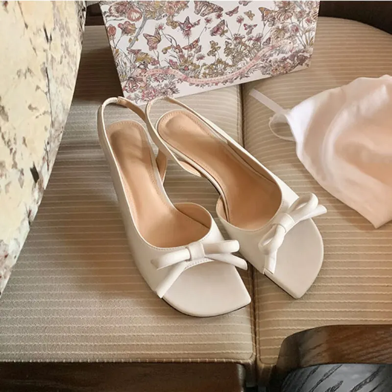 Elegant bow satin low heels sandals women's 2026 summer new in blue/white/violet slingback leather heels luxury designer shoes - view 2