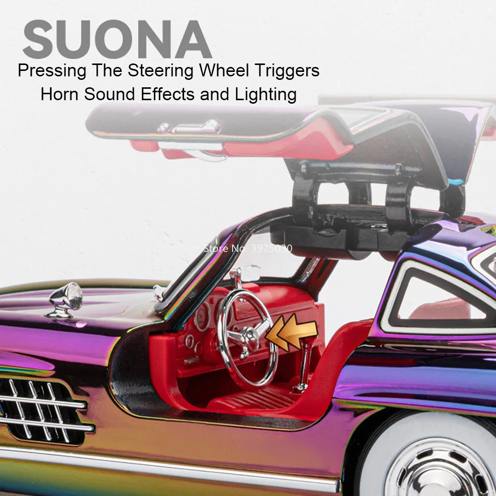 Modele samochodów Benz 300SL w skali 1:24, zabawki, kierownica, miniaturowe pojazdy z dźwiękiem i światłem, samochód vintage dla dzieci, prezenty na festiwale.