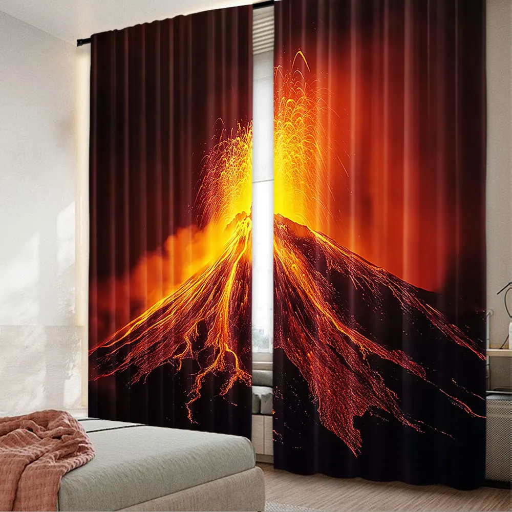 2Pcs Volcano Curtain Tungurahua Volcano In Ecuador Exploding At Night Nature And Geology Suitable For Bedroom Bathroom Living