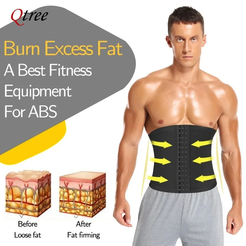 Qtree Men Waist Trainer Trimmer Belt Slimming Body Shaper Workout Shapewear for Weight Loss Hooks Fitness Fat Burner Sauna Sweat