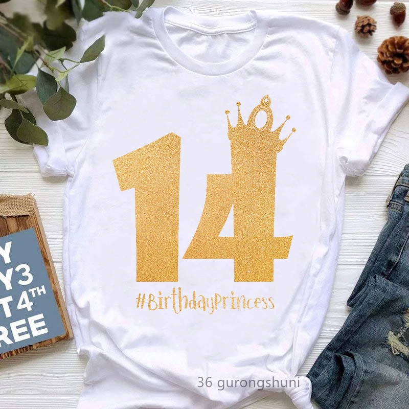 Birthday Girl 14th Graphic Print Tshirt Girls Harajuku Kawaii Clothes Golden Crown Love T-Shirt Femme Summer Tops Tee Shirt