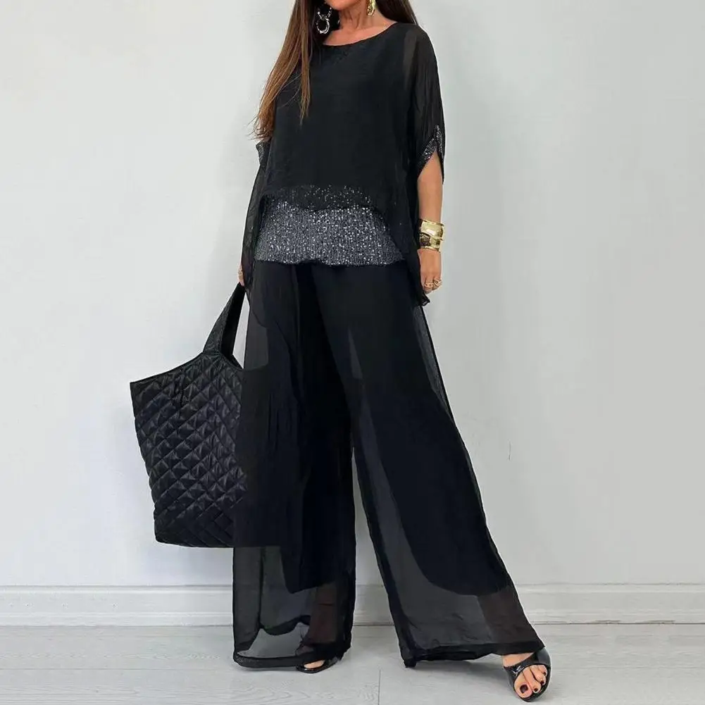 Sequined Colorblock Elegant Two-piece Set Loose Women Casual Round Neck Bat Sleeves Sequined Blouse Wide Leg Pants Matching Sets