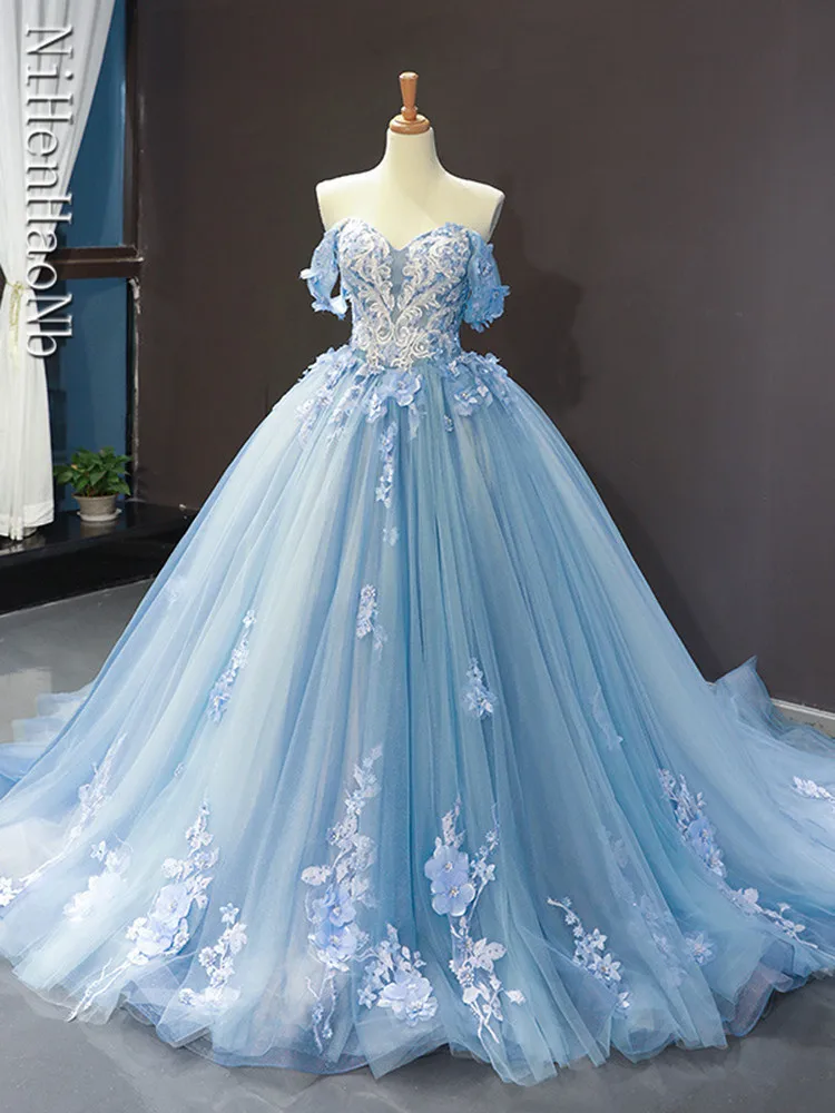 Blue Quinceanera Dresses Off The Shoulder Princess Prom Dress Lace Appliques Ball Gown With Small Train Vestidos De 15