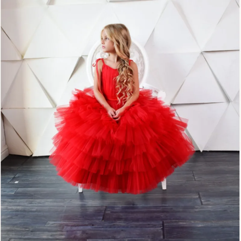 Red Spaghetti Strap Tiered Tulle Flower Girl Dress Multi Layer Ruffle Mini Ball Gown Kids Birthday Pageant Wedding Photoshoot