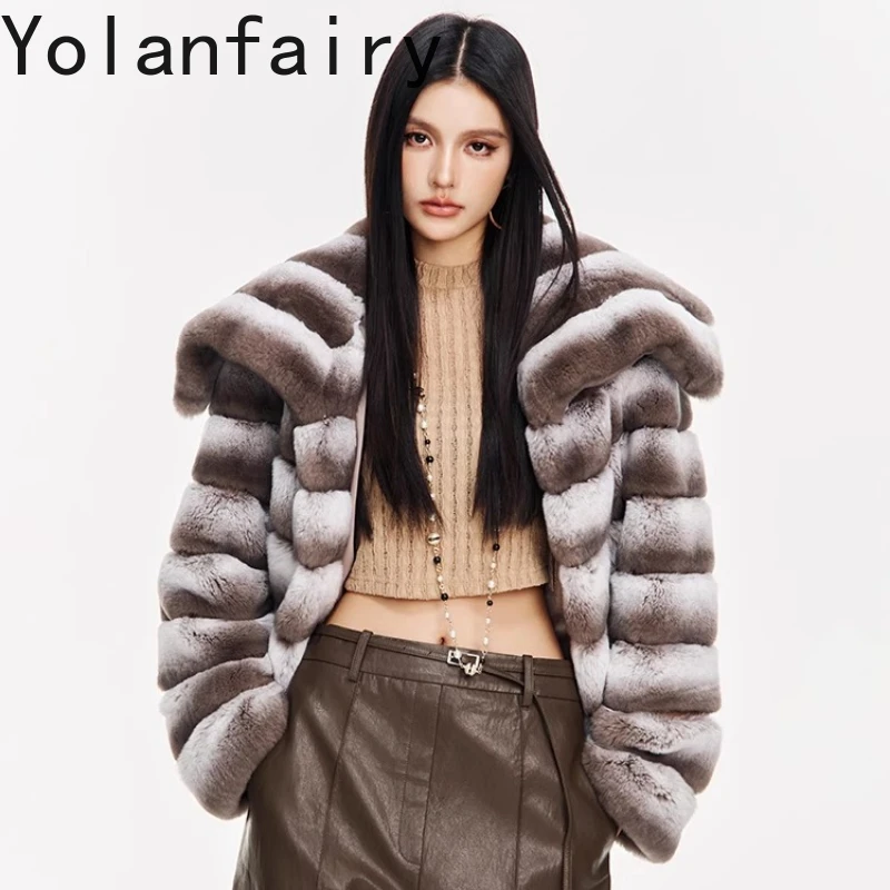 YOLANFAIRY Autumn and Winter Totoro color Imported whole leather square collar coat made of rex rabbit fur шуба женская 2025