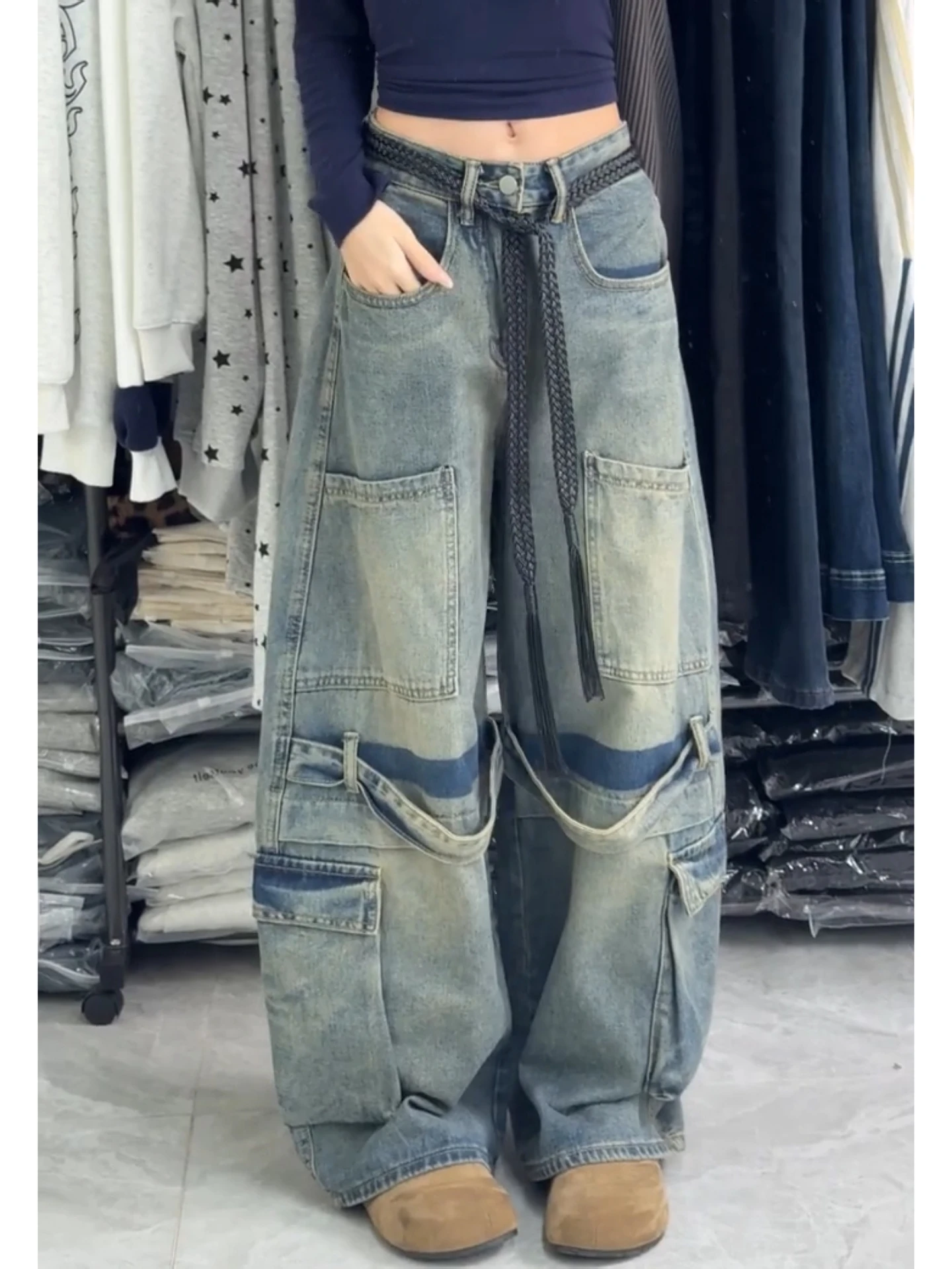 

American Vibe Large Size Vintage Workwear Patchwork Wide Leg Jeans Street Loose Trousers Trendy High Waist Denim Fabric Casual