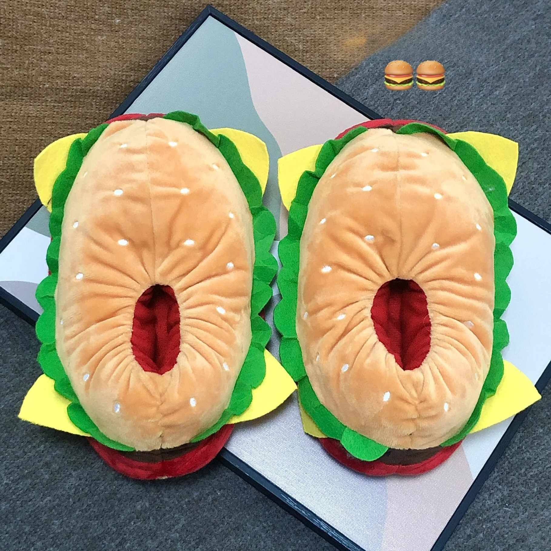 Creativity Funny Hamburger Plush Slippers Novelty Food‑Shaped Home Slipper Winter Warm Closed‑Heel Indoor House Shoes