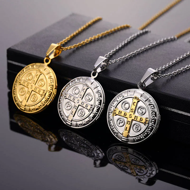 

10Pcs 100% Stainless Steel San Benito Medal Pendant Necklace For Women Man Saint Benedict Necklace Religion Choker Wholesale