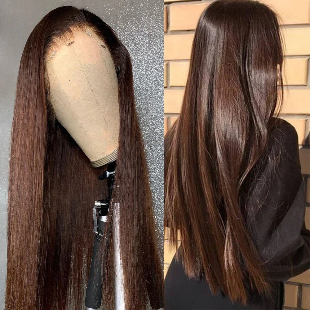 Long Soft Brown 5x5 Silk Base Silky Straight Glueless Jewish Human Hair Wig With Baby Hair HD Lace European Hair Preplucked image 3