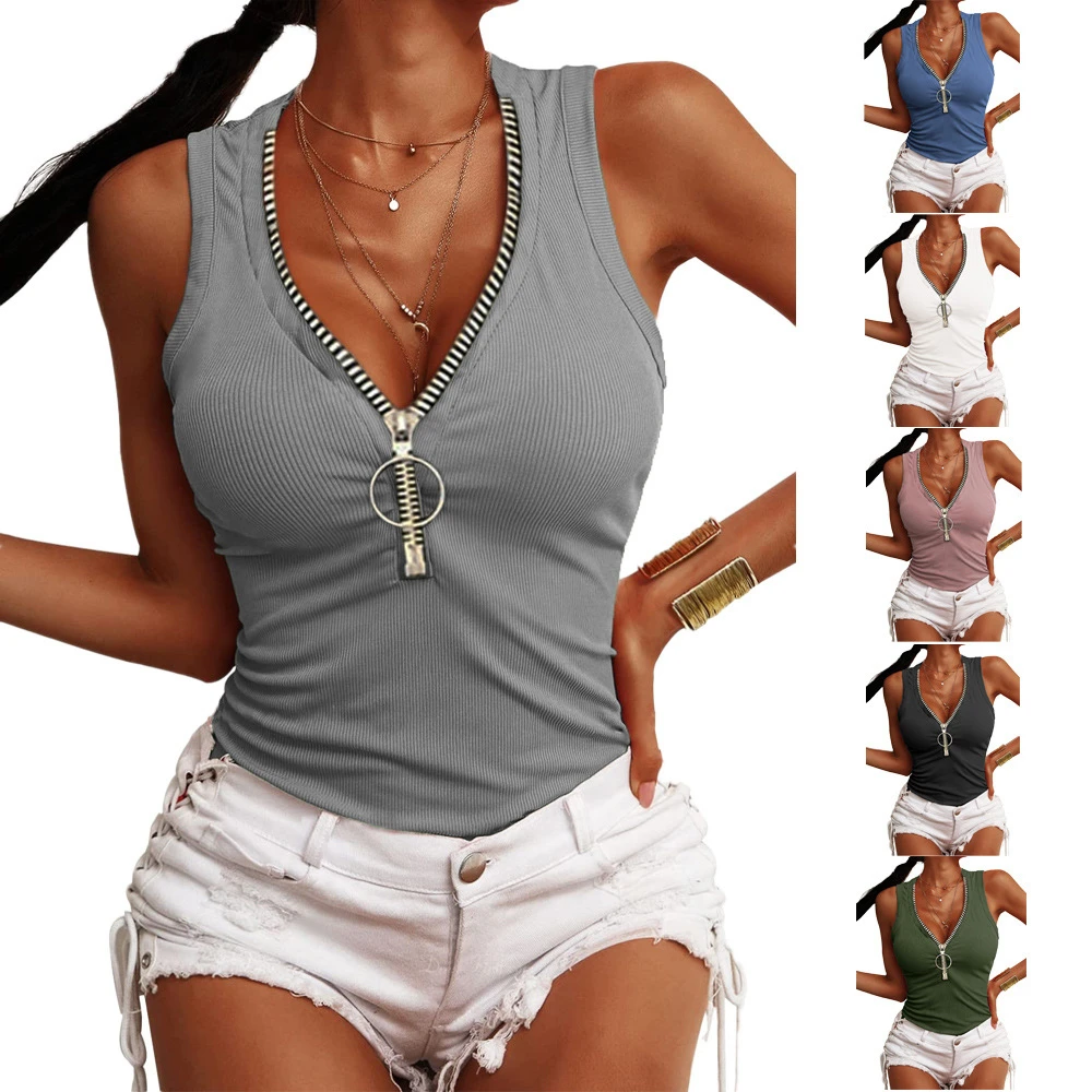 

Summer New Women's Shirts Fashion Casual Threaded Zipper Slim Tank Top T-Shirt