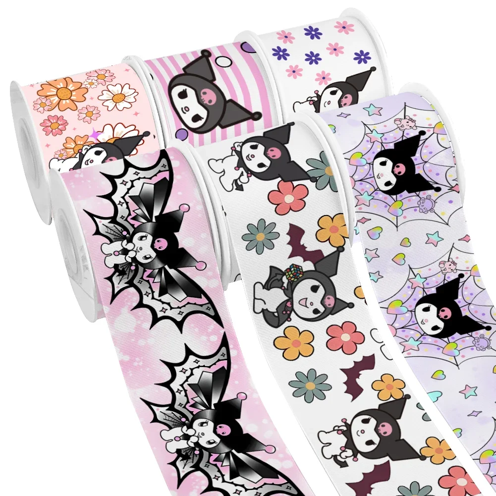 Sanrio Cartoon Black Kuromi Character Pattern Design Printed Grosgrain Satin Ribbon for Gift Wrapping Hair Bow 50 Yards