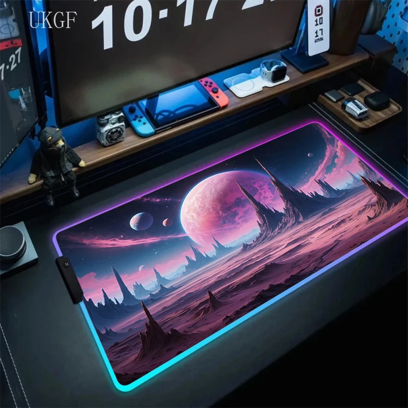 Purple Moon Mouse Pad RGB Desk Mat Gaming Mousepad Night Pink Black Mountain Landscape Led Deskmat XL Large Colorful Gaming Mat