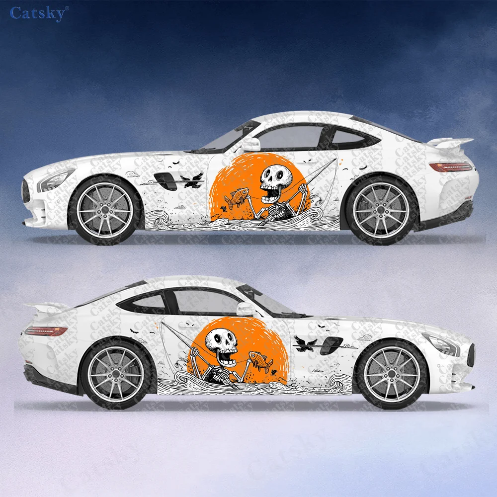 漫画のスケルトンフィッシング、オレンジサークル、ウェーブステッカー、車やトラック用、耐久性、色あせしにくい、取り付けが簡単