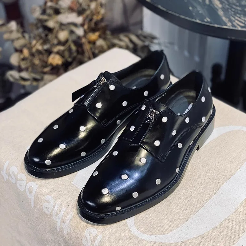 New Men Shoes Gentleman Party Office Fashion Zipper Embroidery Polka Dot Cowhide Handmade Low Top Genuine Leather Loafers Male