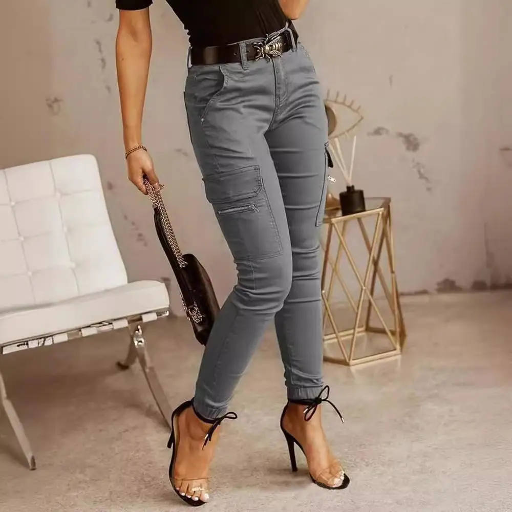 

Woman Solid Color Cargo Pants Autumn Fashion Slim Pants with Pockets Casual High Waist Trousers Commuting Street Trousers